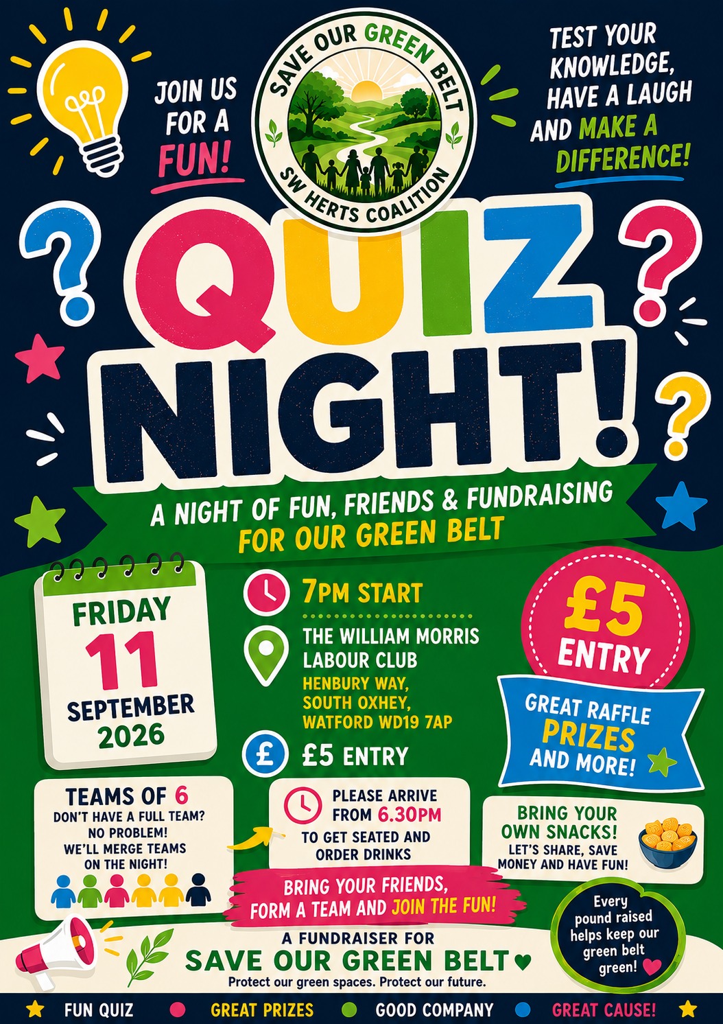 Quiz Night fundraising event — Friday 11 September 2026, 7pm at the William Morris Labour Club, South Oxhey. £5 entry.